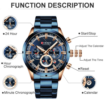 Luxury Sports Quartz Mens Full Steel Waterproof Chronograph Wristwatch