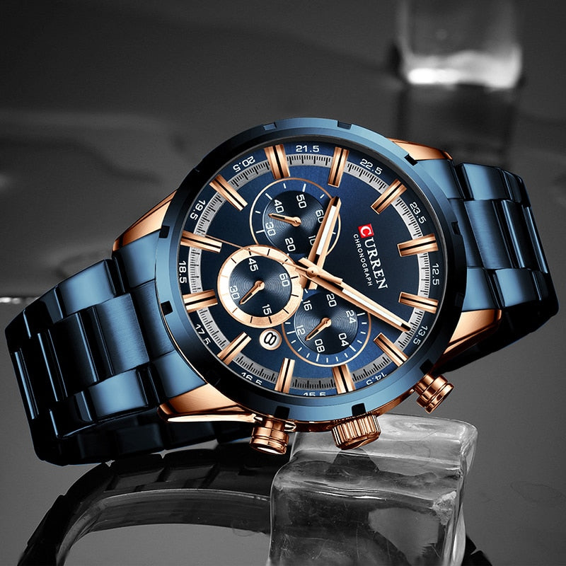 Luxury Sports Quartz Mens Full Steel Waterproof Chronograph Wristwatch