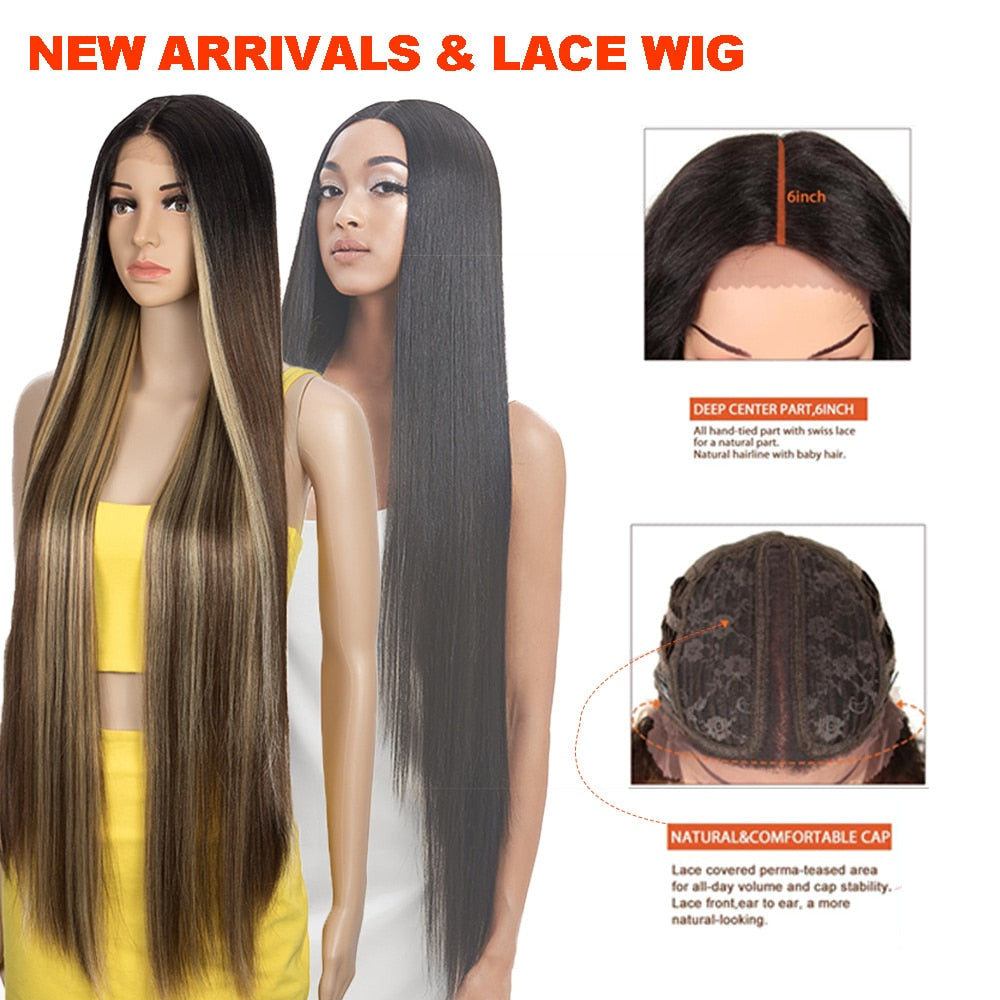 Synthetic Lace Front Wigs For Women 38 Inch Straight Wig Lace Wig Ombre Blonde Lace Wigs Cosplay Straight Lace Front Wig