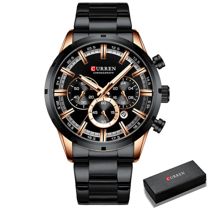 Luxury Sports Quartz Mens Full Steel Waterproof Chronograph Wristwatch