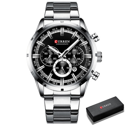 Luxury Sports Quartz Mens Full Steel Waterproof Chronograph Wristwatch