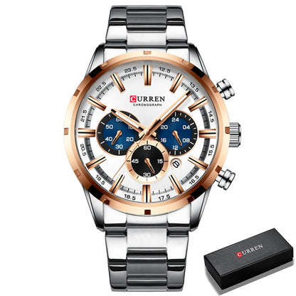 Luxury Sports Quartz Mens Full Steel Waterproof Chronograph Wristwatch