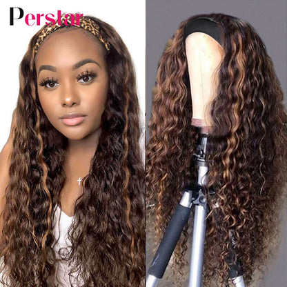 Headband Wigs Human Hair Water Curly Headband Human Hair Wigs for Women Brazilian Highlight Wigs Honey Blonde Wig