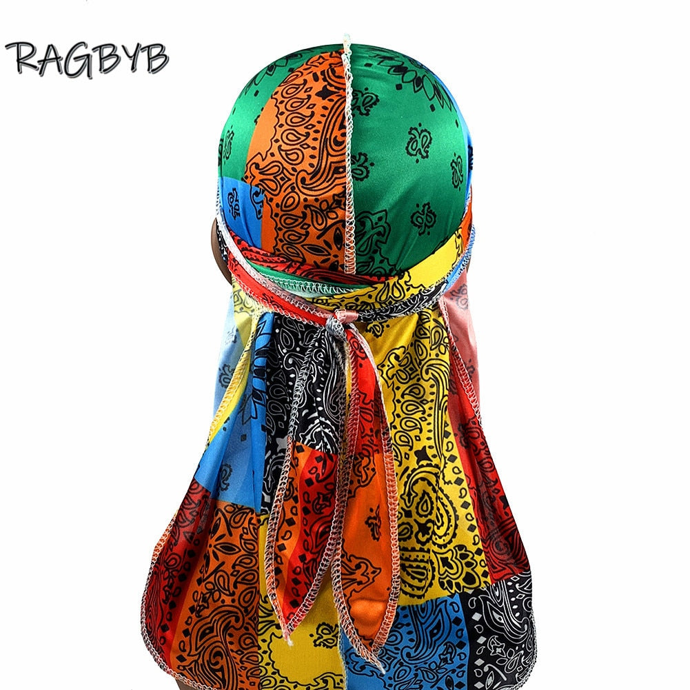 Satin Unisex Cashew Flower Long Tail Durag