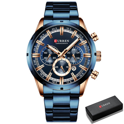 Luxury Sports Quartz Mens Full Steel Waterproof Chronograph Wristwatch