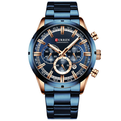 Luxury Sports Quartz Mens Full Steel Waterproof Chronograph Wristwatch