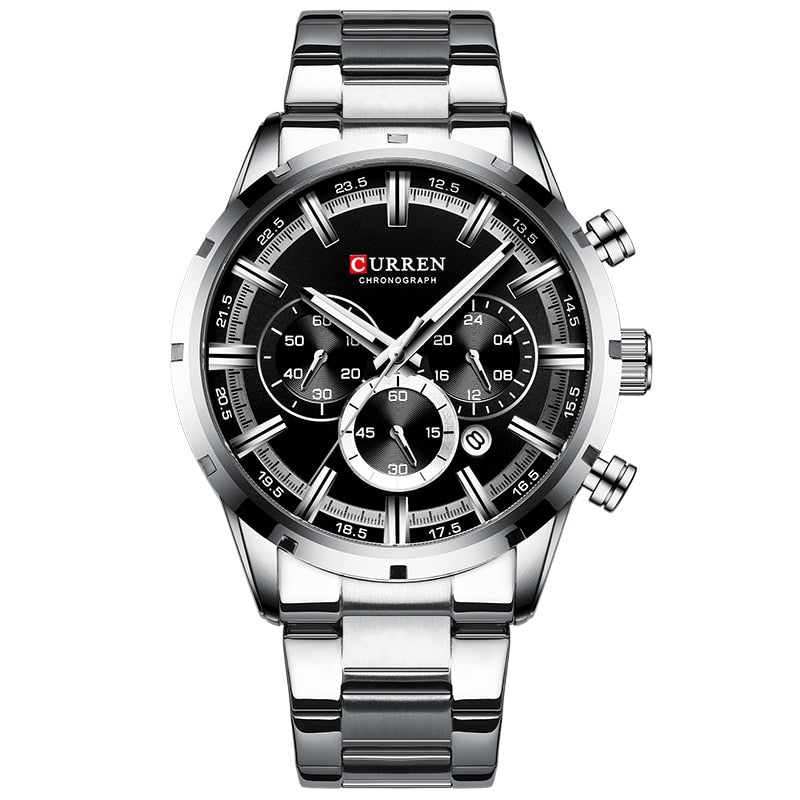 Luxury Sports Quartz Mens Full Steel Waterproof Chronograph Wristwatch