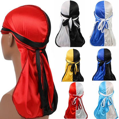 New Silky Two-Tone Durags Bandanas Turban Hat Men Women Unisex Extra Long Tail