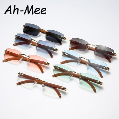 Designer Wood Frames Rimless Black Fashion Sunglasses