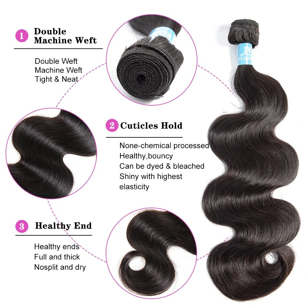 Double Drawn Body Wave 3/4 Bundles Brazilian Virgin Hair Extensions