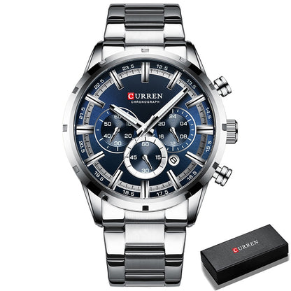 Luxury Sports Quartz Mens Full Steel Waterproof Chronograph Wristwatch