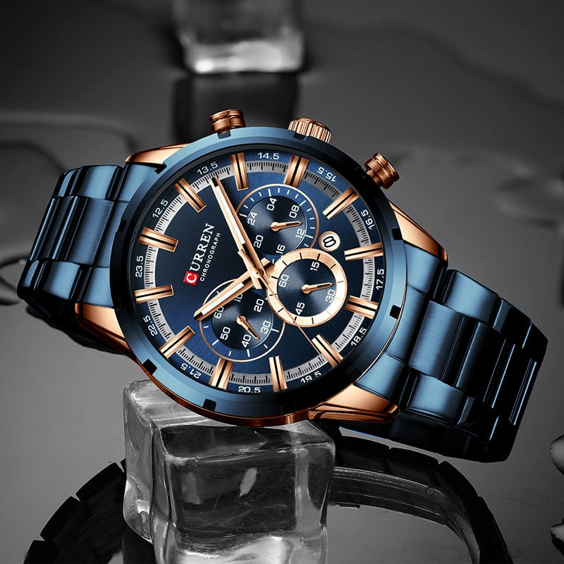 Luxury Sports Quartz Mens Full Steel Waterproof Chronograph Wristwatch