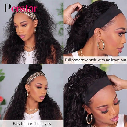 Water Wave Human Hair Wigs Brazilian Headband Wig For Women Scarf Wig Glueless Water Curly Headband Wig Natural Color