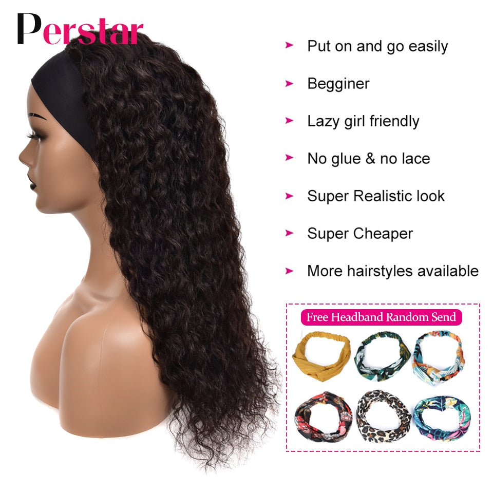 Water Wave Human Hair Wigs Brazilian Headband Wig For Women Scarf Wig Glueless Water Curly Headband Wig Natural Color