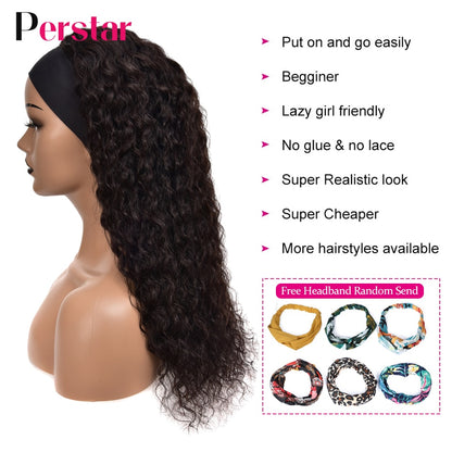 Water Wave Human Hair Wigs Brazilian Headband Wig For Women Scarf Wig Glueless Water Curly Headband Wig Natural Color