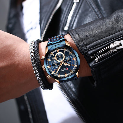 Luxury Sports Quartz Mens Full Steel Waterproof Chronograph Wristwatch