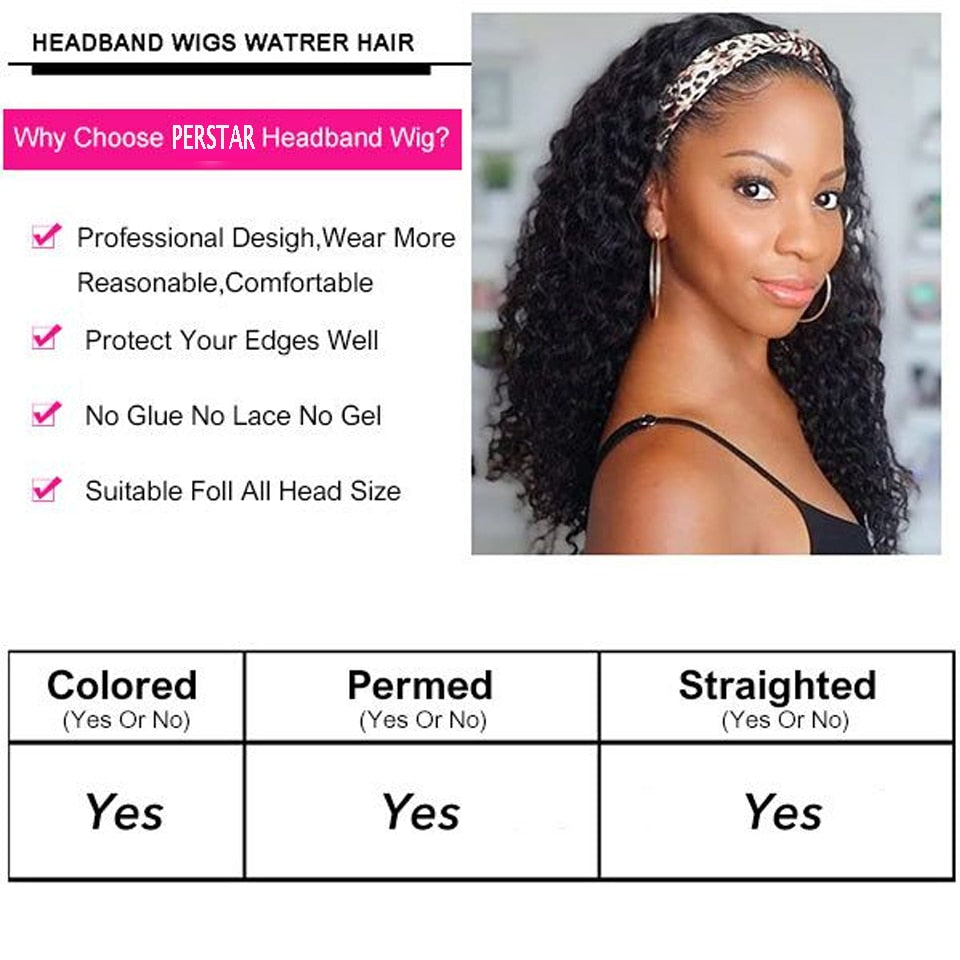 Water Wave Human Hair Wigs Brazilian Headband Wig For Women Scarf Wig Glueless Water Curly Headband Wig Natural Color