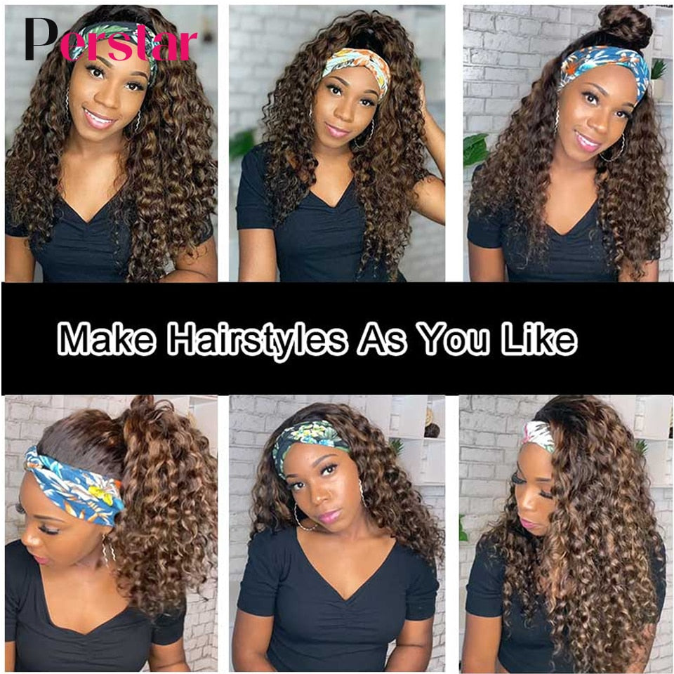 Highlight Deep Wave Headband Wig Human Hair Wigs For Women Brazilian Honey Blonde Deep Curly Human Hair Wig Glueless