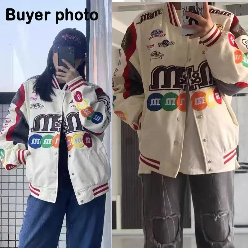 Bomber Jacket Men Women Hip Hop M&M Embroidery Motorcycle Loose Baseball Coat Casual High Quality Street Racing Varsity Outwear