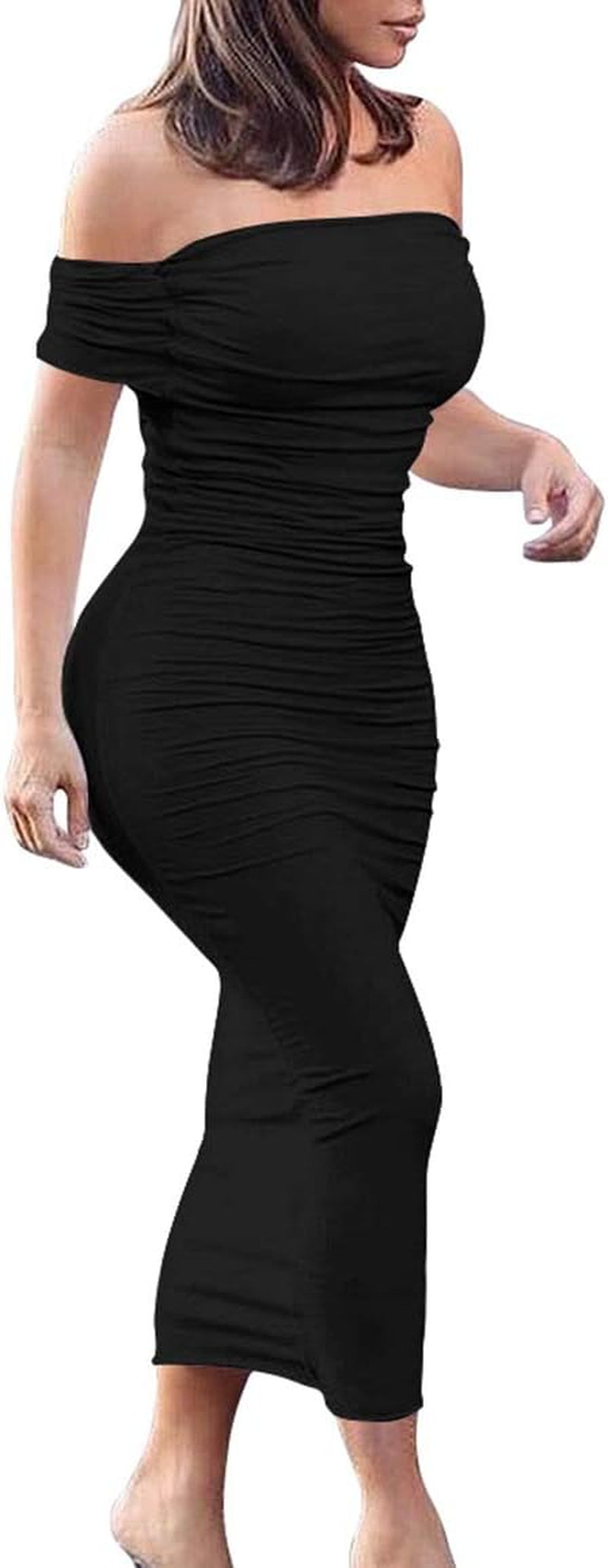 Elegant Off-Shoulder Ruched Bodycon Midi Dress for Women