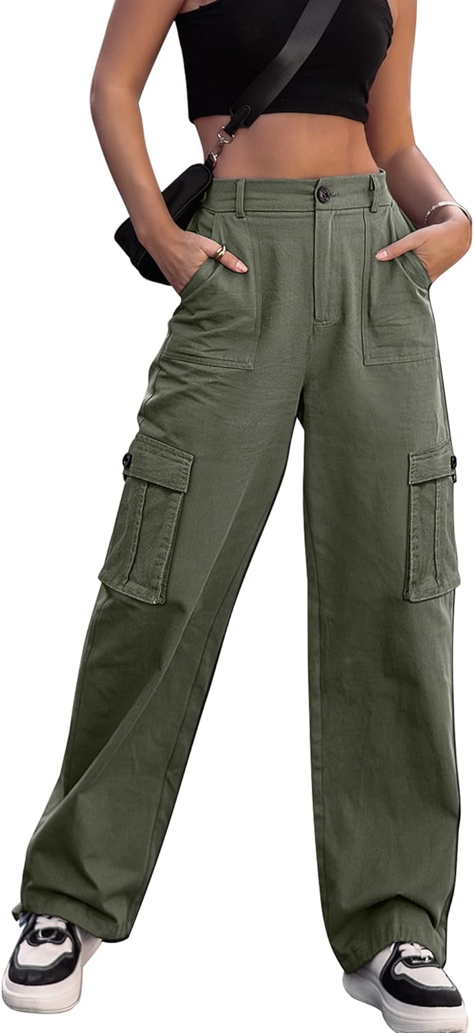 Women High Waisted Cargo Pants Wide Leg Casual Pants 6 Pockets Combat Military Trousers