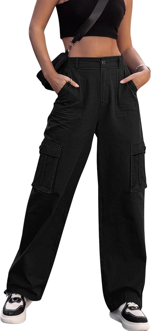 Women High Waisted Cargo Pants Wide Leg Casual Pants 6 Pockets Combat Military Trousers