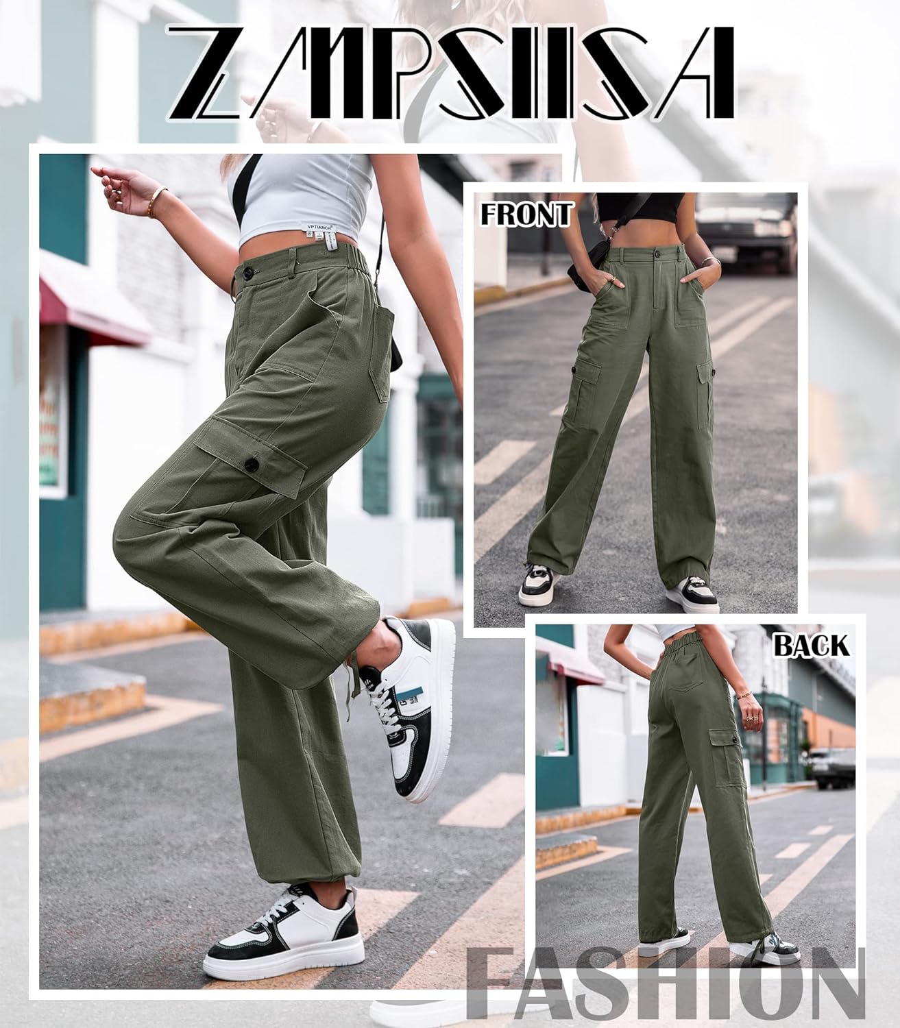 Women High Waisted Cargo Pants Wide Leg Casual Pants 6 Pockets Combat Military Trousers