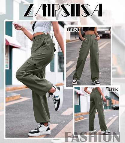 Women High Waisted Cargo Pants Wide Leg Casual Pants 6 Pockets Combat Military Trousers