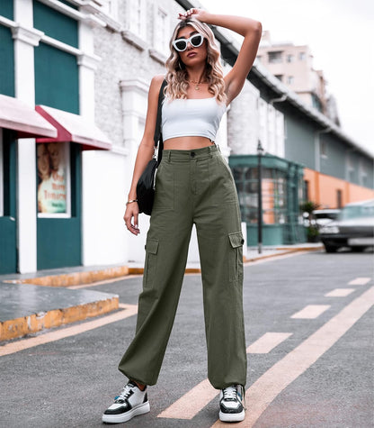 Women High Waisted Cargo Pants Wide Leg Casual Pants 6 Pockets Combat Military Trousers