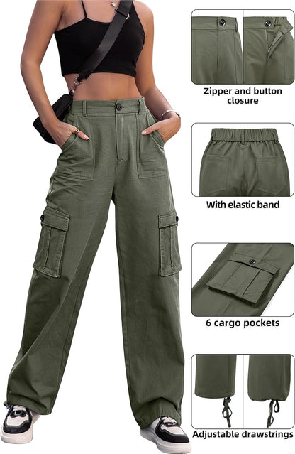 Women High Waisted Cargo Pants Wide Leg Casual Pants 6 Pockets Combat Military Trousers