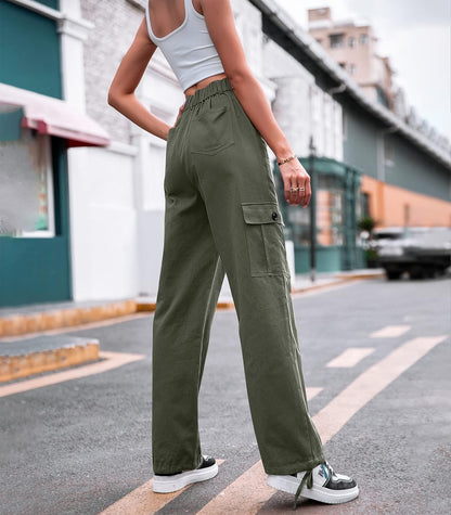 Women High Waisted Cargo Pants Wide Leg Casual Pants 6 Pockets Combat Military Trousers