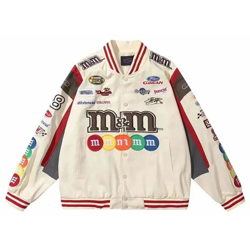 Bomber Jacket Men Women Hip Hop M&M Embroidery Motorcycle Loose Baseball Coat Casual High Quality Street Racing Varsity Outwear