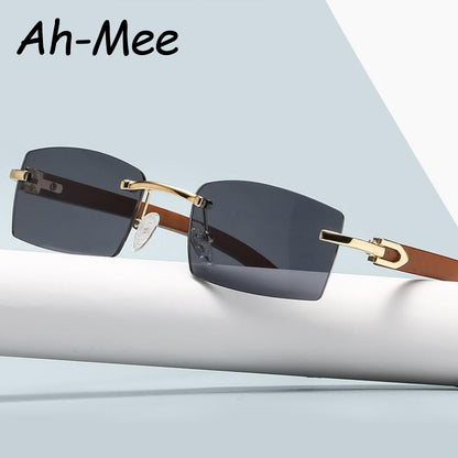 Designer Wood Frames Rimless Black Fashion Sunglasses