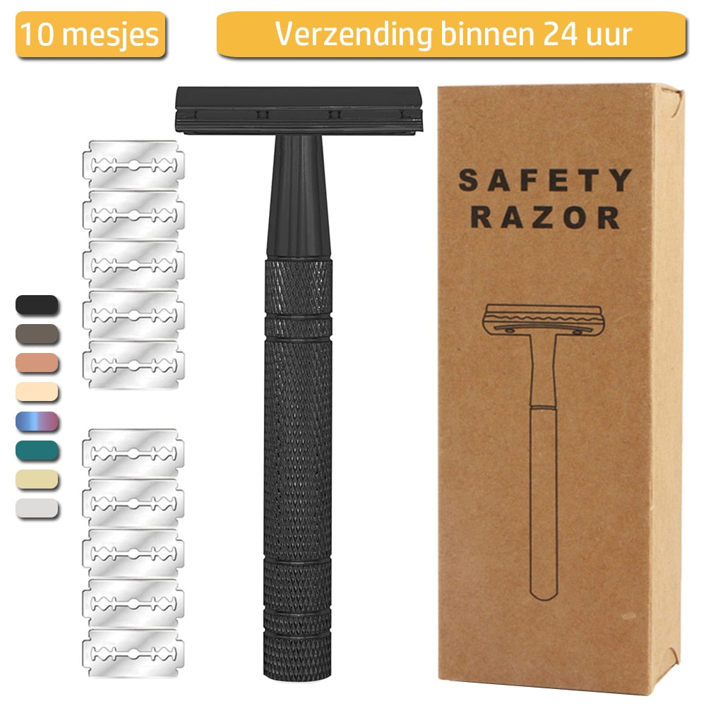 Reusable Metal Safety Razor with 10 Razor Unisex Blades