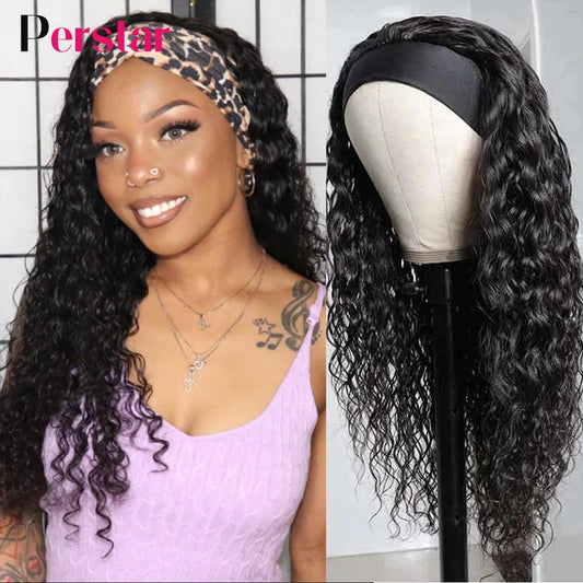 Water Wave Human Hair Wigs Brazilian Headband Wig For Women Scarf Wig Glueless Water Curly Headband Wig Natural Color