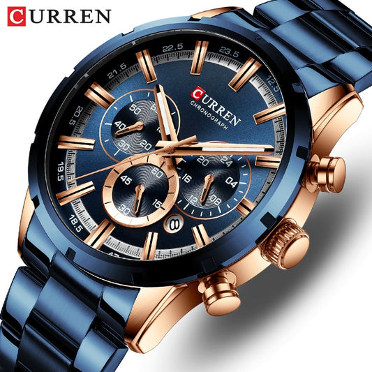 Luxury Sports Quartz Mens Full Steel Waterproof Chronograph Wristwatch