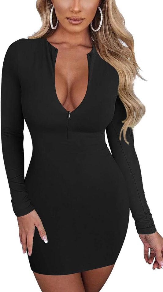 Sleek Black Bodycon Club Dress with Front Zipper