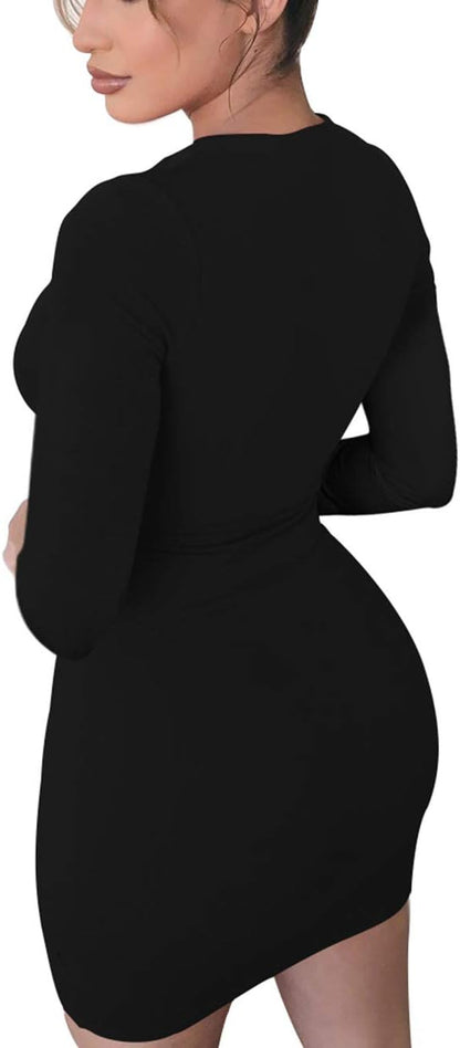 Sleek Black Bodycon Club Dress with Front Zipper