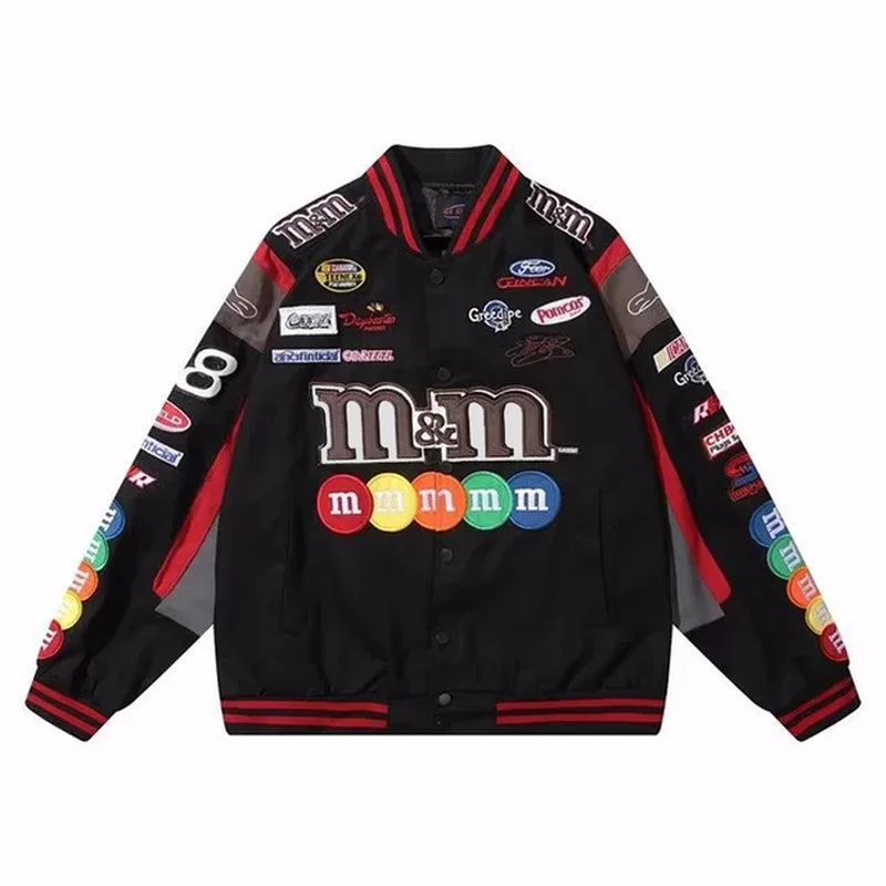 Bomber Jacket Men Women Hip Hop M&M Embroidery Motorcycle Loose Baseball Coat Casual High Quality Street Racing Varsity Outwear